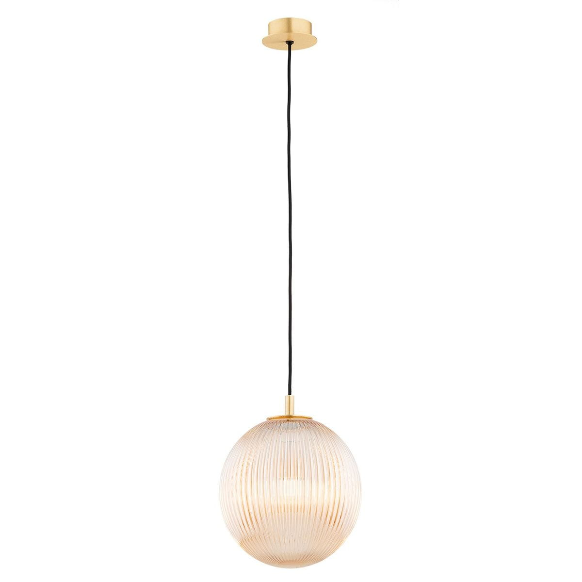 Lampa wisząca Paloma D25 z mosiężnym detalem i miodowym kloszem, o okrągłym kształcie z żłobieniami. Zawieszona na cienkim, czarnym przewodzie, z okrągłym, złotym mocowaniem sufitowym. Wymaga żarówki E27.
