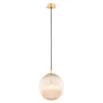 Lampa wisząca Paloma D25 z mosiężnym detalem i miodowym kloszem, o okrągłym kształcie z żłobieniami. Zawieszona na cienkim, czarnym przewodzie, z okrągłym, złotym mocowaniem sufitowym. Wymaga żarówki E27.