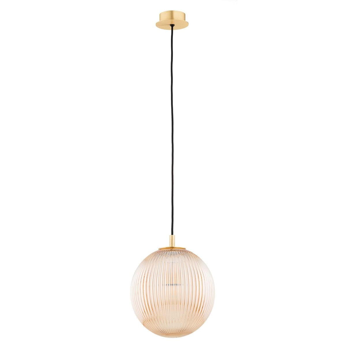 Lampa wisząca Paloma D25 z mosiężnym mocowaniem i miodowym, szklanym kloszem w kształcie kuli. Klosz ma teksturowaną powierzchnię, zawieszony na czarnym przewodzie. Ujęcie frontalne, produkt wisi na białym tle.
