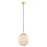 Lampa wisząca Paloma D25 z mosiężnym mocowaniem i miodowym, szklanym kloszem w kształcie kuli. Klosz ma teksturowaną powierzchnię, zawieszony na czarnym przewodzie. Ujęcie frontalne, produkt wisi na białym tle.