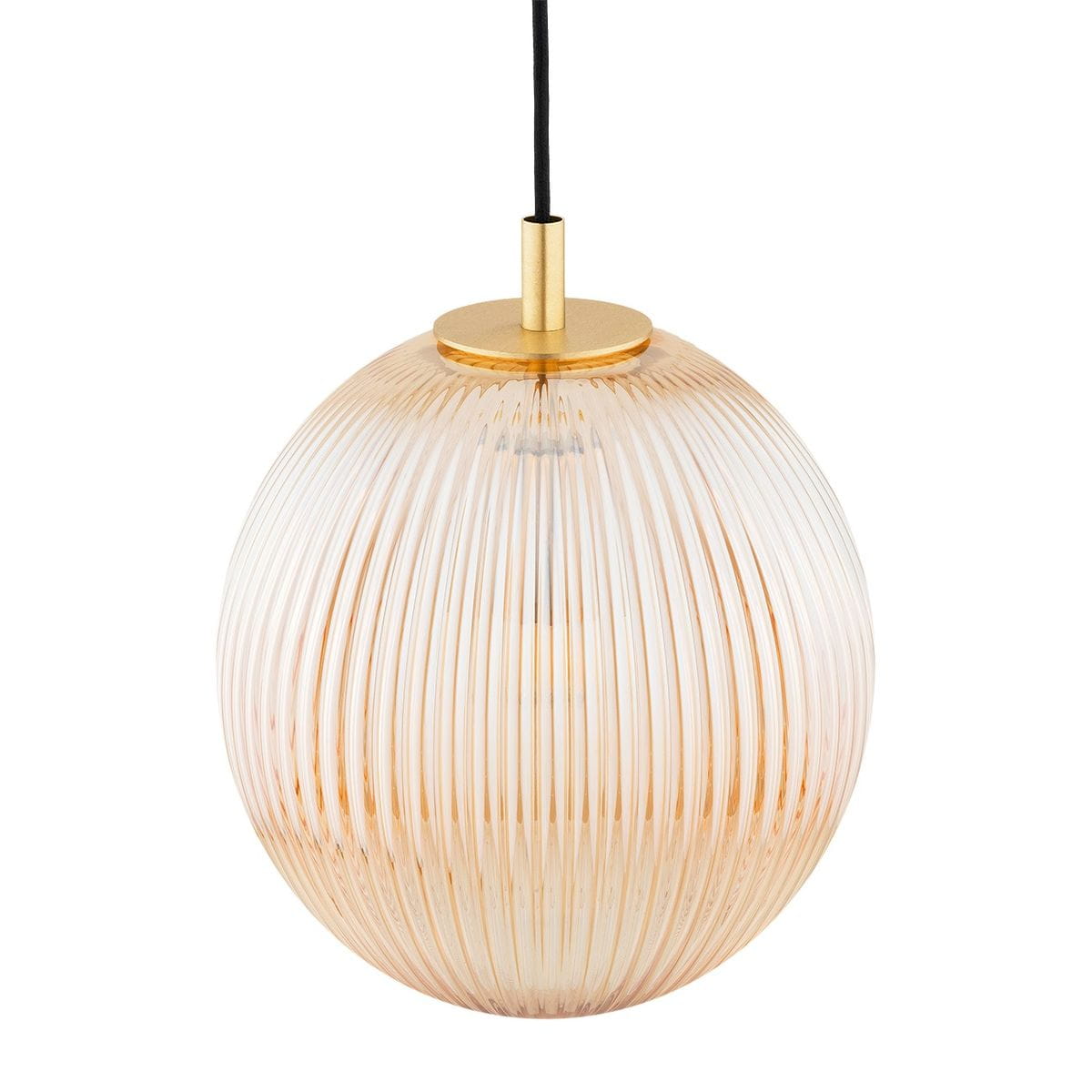 Lampa wisząca Paloma D25 z mosiężnym wykończeniem i miodowym kloszem w kształcie kuli. Klosz z przezroczystego, żebrowanego szkła, zawieszona na czarnym przewodzie. Przeznaczona na żarówkę E27.
