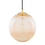 Lampa wisząca Paloma D25 z mosiężnym wykończeniem i miodowym kloszem w kształcie kuli. Klosz z przezroczystego, żebrowanego szkła, zawieszona na czarnym przewodzie. Przeznaczona na żarówkę E27.