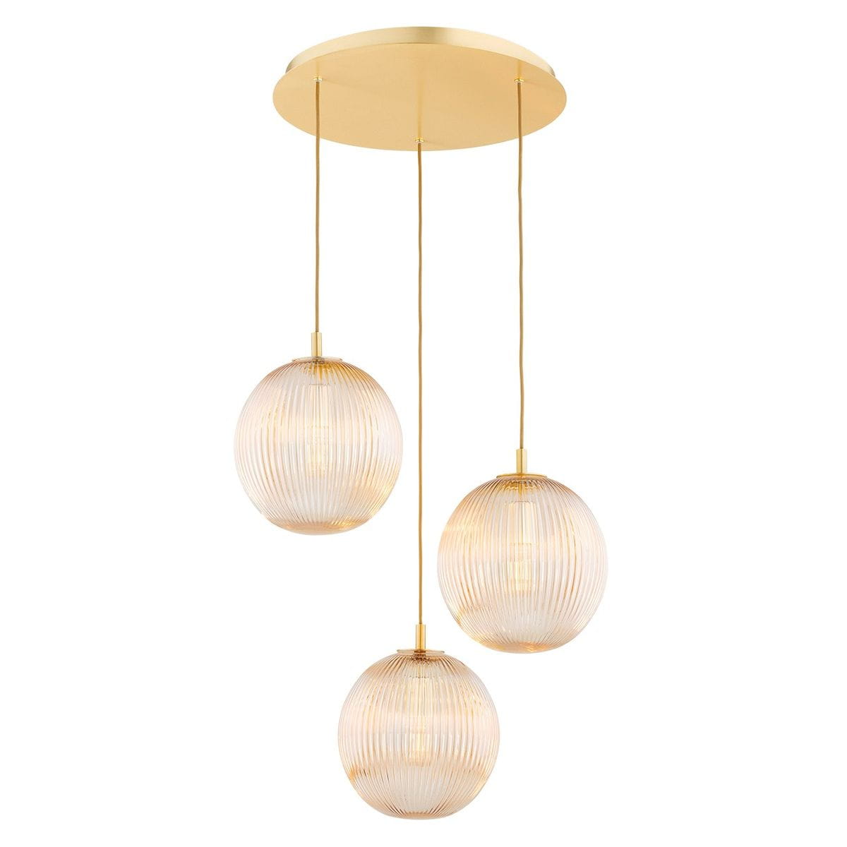 Lampa wisząca Paloma z trzema kloszami E27 w kolorze mosiądzu i miodowym, z opalowym szkłem o żłobionym wzorze. Klosze zawieszone na cienkich linkach z okrągłym, metalowym mocowaniem. Idealna do nowoczesnych wnętrz.
