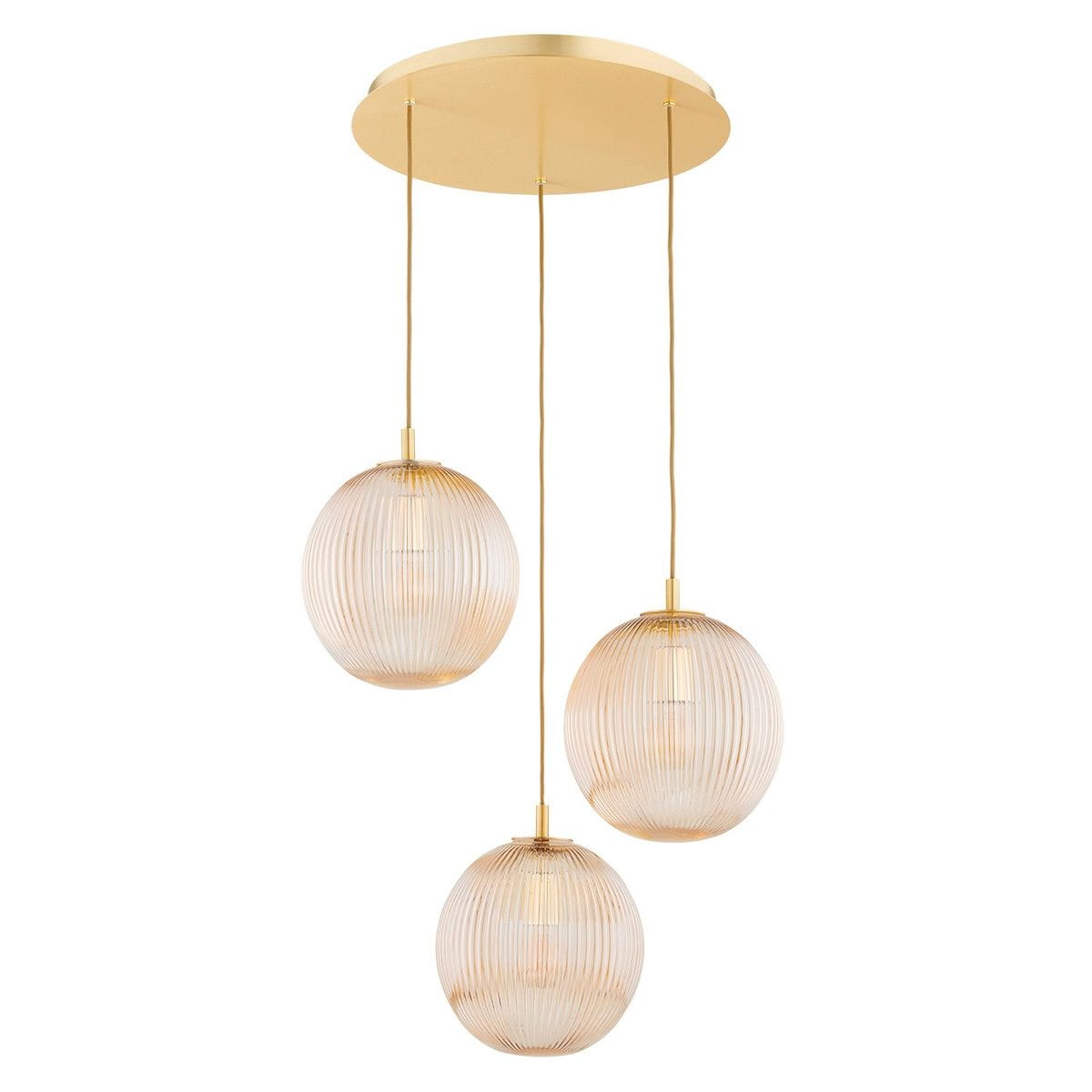 Lampa wisząca Paloma z trzema kloszami w kształcie kul, wykonana z miodowego szkła z żłobieniami, zawieszona na złotej podsufitce. Długość przewodów regulowana, elegancki design, idealna do nowoczesnych wnętrz.