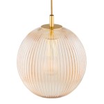 Lampa wisząca Paloma z mosiężnym uchwytem, szklana kula w miodowym kolorze z pionowymi żłobieniami. Ujęcie z przodu, zawieszona na cienkim kablu. Przeznaczona na trzy żarówki E27.