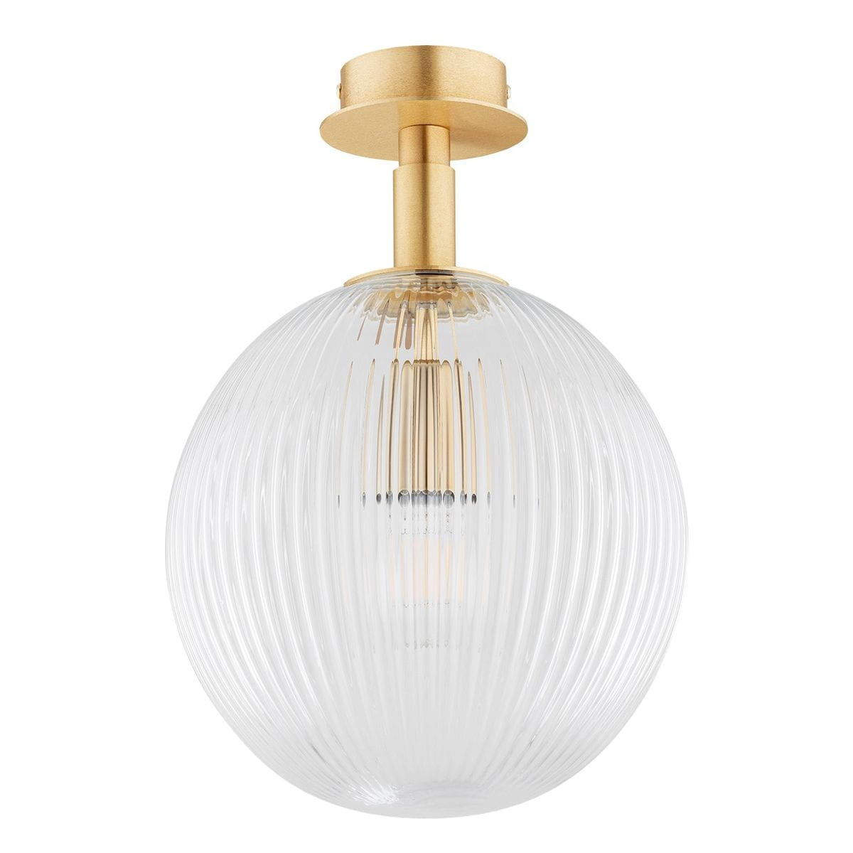 Lampa sufitowa Paloma z mosiężnym uchwytem i przezroczystym kloszem w kształcie kuli, z widoczną żarówką E27. Kluczowe cechy to pionowy kształt, delikatne żłobienia na kloszu oraz elegancki, minimalistyczny design.