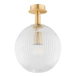 Lampa sufitowa Paloma z mosiężnym uchwytem i przezroczystym kloszem w kształcie kuli, z widoczną żarówką E27. Kluczowe cechy to pionowy kształt, delikatne żłobienia na kloszu oraz elegancki, minimalistyczny design.