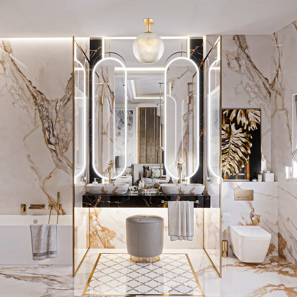 Lampa sufitowa Paloma 1xE27 w kolorze mosiądzu i szarym, z okrągłym kloszem o teksturowanej powierzchni, zawieszona w nowoczesnej łazience z marmurowymi ścianami i eleganckimi akcesoriami.