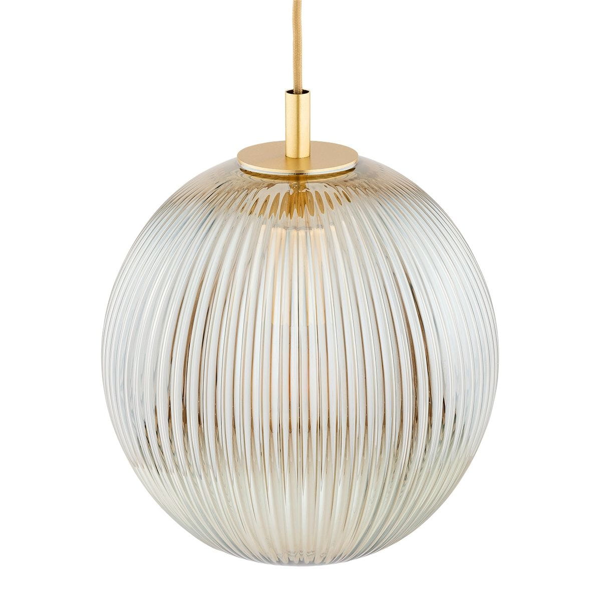 Lampa wisząca Paloma w kolorze mosiądzu i szarości z trzema gniazdami E27. Szklany klosz w formie kuli z poziomymi żłobieniami, zawieszony na cienkim kablu. Stylowy dodatek do nowoczesnych wnętrz.