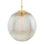 Lampa wisząca Paloma w kolorze mosiądzu i szarości z trzema gniazdami E27. Szklany klosz w formie kuli z poziomymi żłobieniami, zawieszony na cienkim kablu. Stylowy dodatek do nowoczesnych wnętrz.