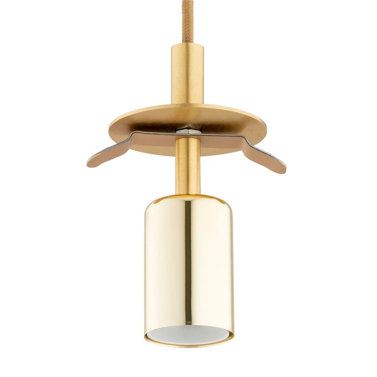 Lampa wisząca Paloma z trzema gniazdami E27, w kolorze mosiądzu z szarym kablem. Widok z góry, zbliżenie na metalowy klosz o cylindrycznym kształcie z połyskującą powierzchnią. Elementy montażowe widoczne na podstawie.