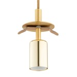 Lampa wisząca Paloma z trzema gniazdami E27, w kolorze mosiądzu z szarym kablem. Widok z góry, zbliżenie na metalowy klosz o cylindrycznym kształcie z połyskującą powierzchnią. Elementy montażowe widoczne na podstawie.