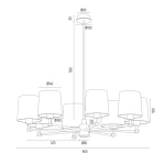 Żyrandol Princeton w kolorze mosiądzu i beżu, z ośmioma miejscami na żarówki E27. Produkt ma elegancki, klasyczny design z dekoracyjnymi elementami. Ujęcie frontalne, zawieszony w powietrzu, na jednolitym tle.