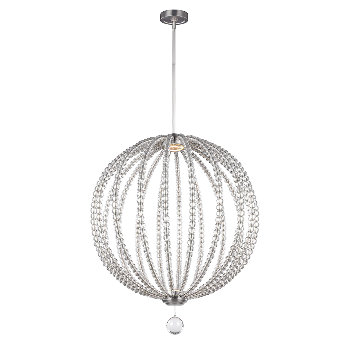 Lampa wisząca Oberlin L z niklowym satynowym wykończeniem, o okrągłym kształcie z przezroczystymi elementami, zawieszona na cienkim przewodzie. Posiada dwa źródła światła LED o mocy 24W, z widocznym kloszem w dolnej części.
