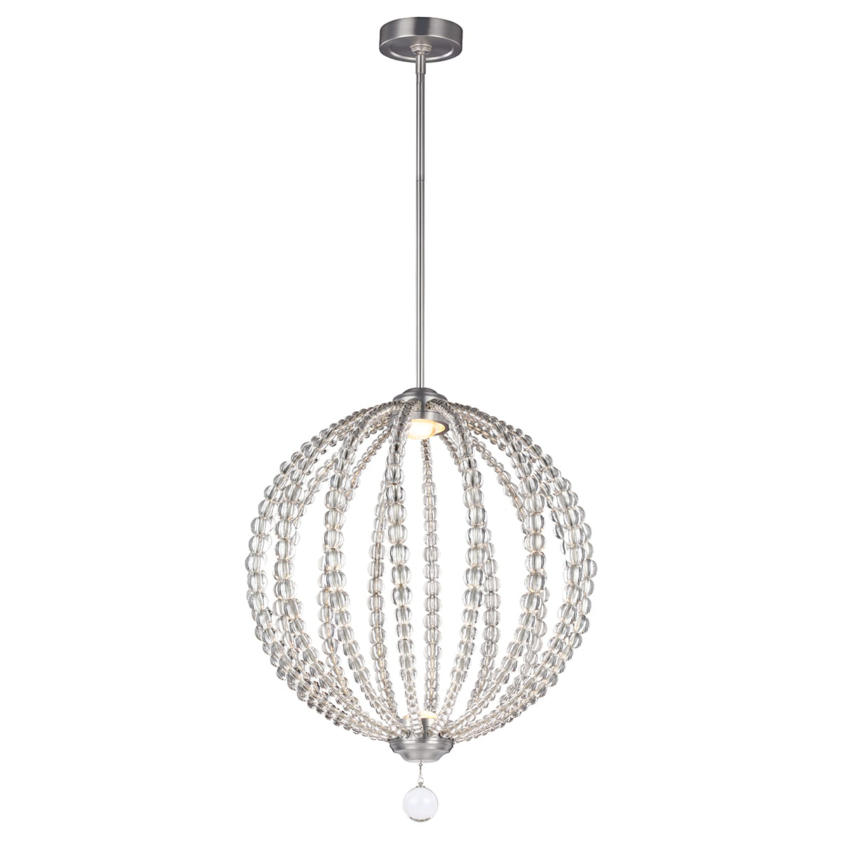 Lampa wisząca Oberlin M z niklową satyną, o okrągłej formie, zdobiona przezroczystymi akrylowymi kulkami. Posiada dwa źródła światła LED 8W, zawieszona na cienkim przewodzie, z widocznym włącznikiem na dole. Tło białe, minimalistyczne.