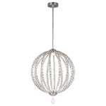 Lampa wisząca Oberlin M z niklową satyną, o okrągłej formie, zdobiona przezroczystymi akrylowymi kulkami. Posiada dwa źródła światła LED 8W, zawieszona na cienkim przewodzie, z widocznym włącznikiem na dole. Tło białe, minimalistyczne.