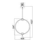 Lampa wisząca Oberlin M z niklowanym wykończeniem w stylu satynowym. Posiada okrągły kształt, z dwoma źródłami LED o mocy 8W. Widok z góry, z podanymi wymiarami 127x80 mm dla mocowania oraz 1027 mm długości zwisu.