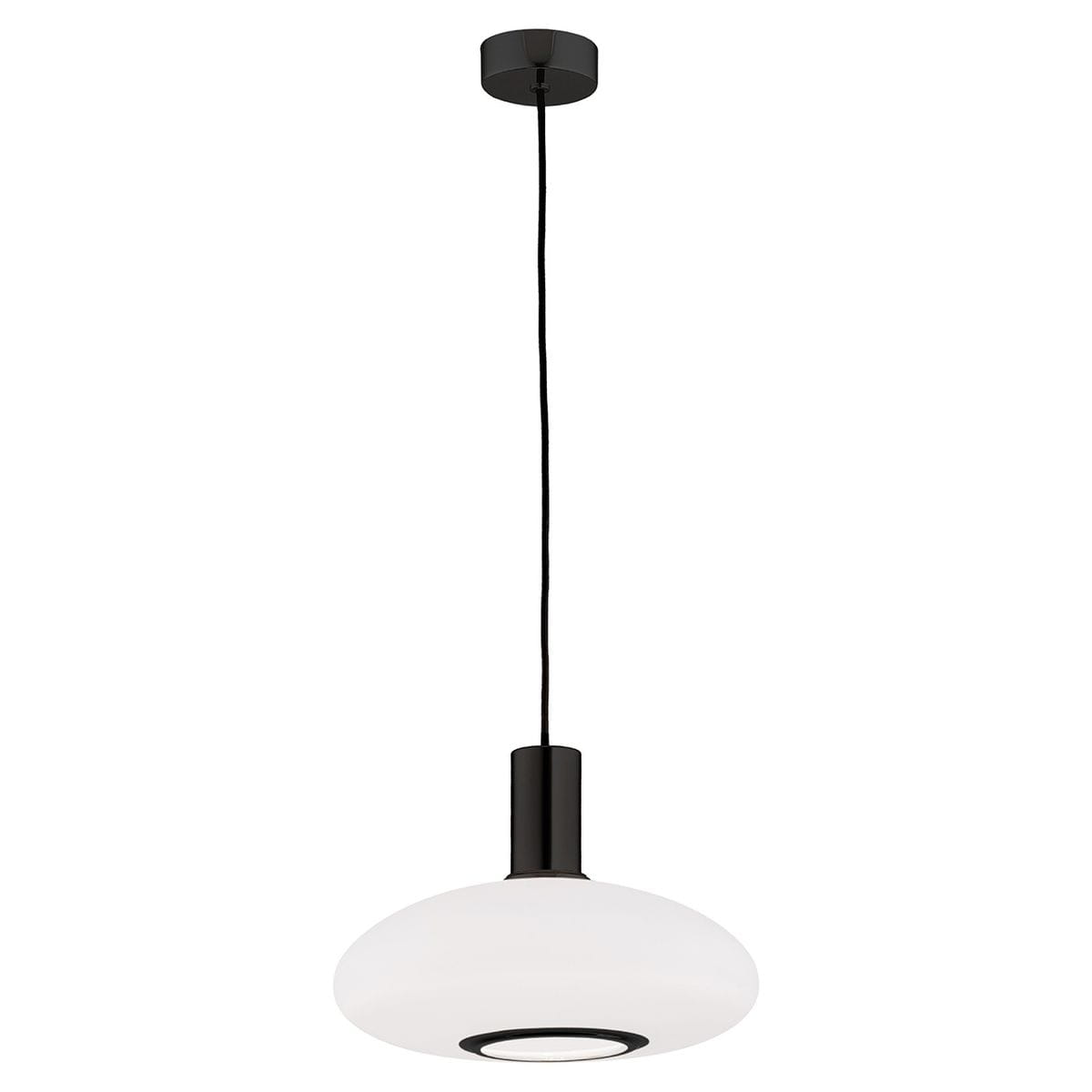 Lampa wisząca Sagunto Plus z jednym gniazdem E27, w kolorze czarnym i białym. Okrągła, matowa klosz z mlecznego szkła, zawieszona na czarnym przewodzie, z metalowym elementem mocującym. Prosta, nowoczesna forma, idealna do wnętrz.