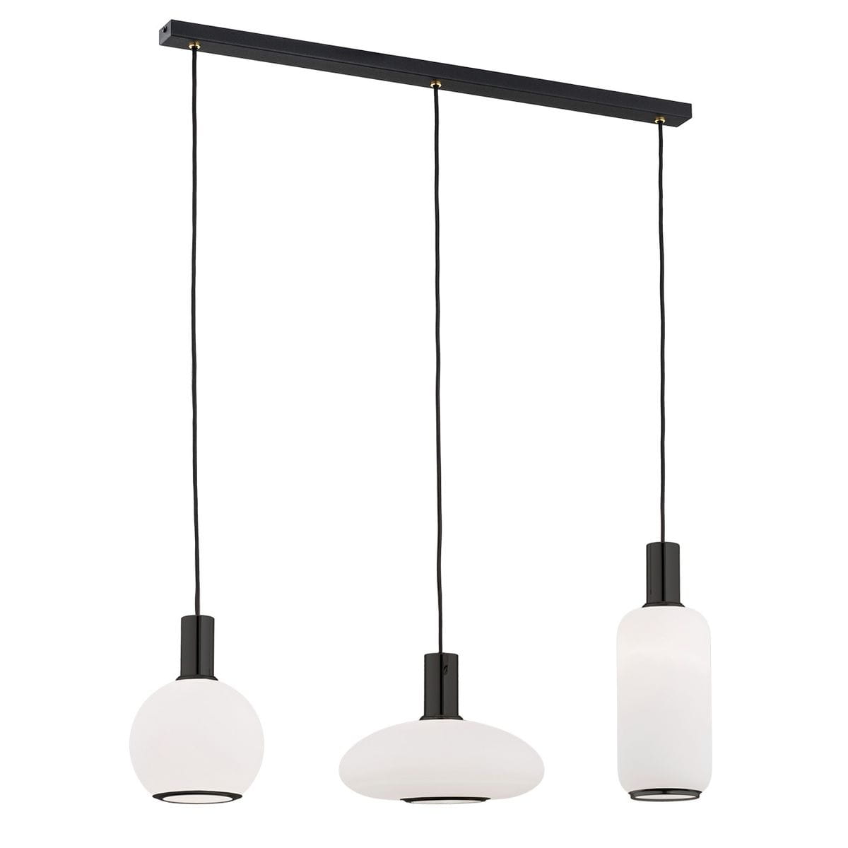 Lampa wisząca Sagunto Plus z trzema źródłami światła E27, z czarnym metalowym stelażem i białymi, szklanymi kloszami w trzech różnych kształtach: kulistym, owalnym i cylindrycznym. Zawieszona na długich, czarnych przewodach.