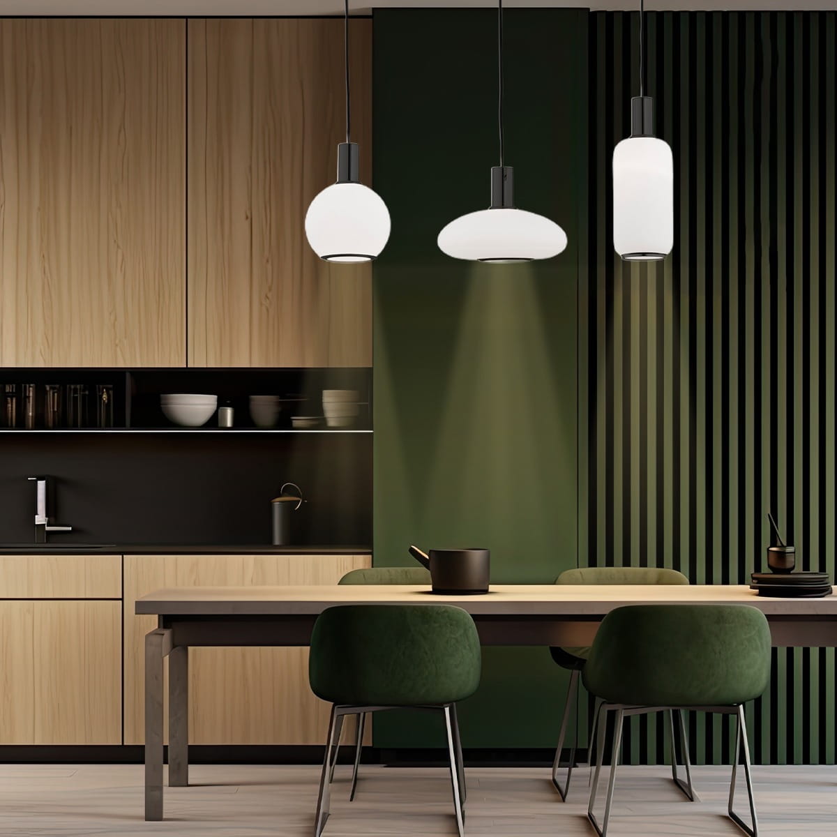 Lampa wisząca Sagunto Plus 3xE27 w kolorze czarnym i białym, z trzema różnymi kloszami: okrągłym, półokrągłym i prostokątnym, zawieszona na czarnych kabelkach w nowoczesnej aranżacji kuchennej z drewnianymi meblami.