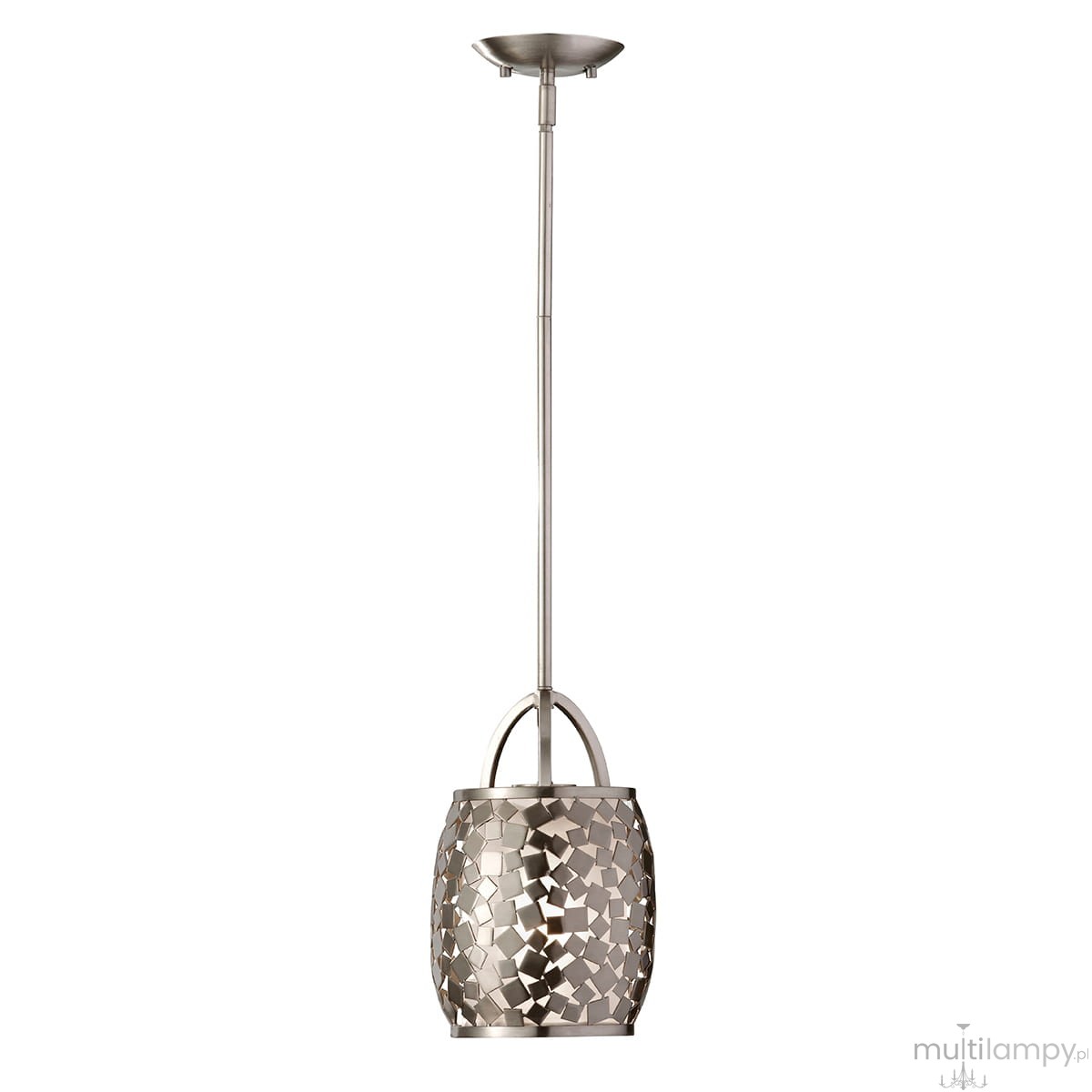 Lampa wisząca Zara w kolorze satyny nikiel z pojedynczym gniazdem E27. Owalny klosz z dekoracyjnym wzorem w formie małych, lustrzanych elementów. Produkt zawieszony na długim, metalowym przewodzie, idealny do nowoczesnych wnętrz.