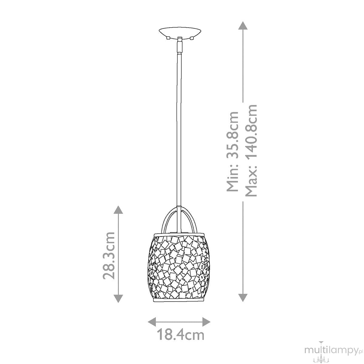 Lampa wisząca Zara w kolorze satyny nikiel z kloszem o kształcie cylindrycznym, wykonana z materiałów o fakturze przypominającej mozaikę. Wymiary: wysokość min. 35,8 cm, max. 140,8 cm, średnica 18,4 cm. Zawieszona na cienkim przewodzie.