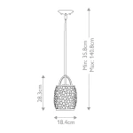 Lampa wisząca Zara w kolorze satyny nikiel z kloszem o kształcie cylindrycznym, wykonana z materiałów o fakturze przypominającej mozaikę. Wymiary: wysokość min. 35,8 cm, max. 140,8 cm, średnica 18,4 cm. Zawieszona na cienkim przewodzie.