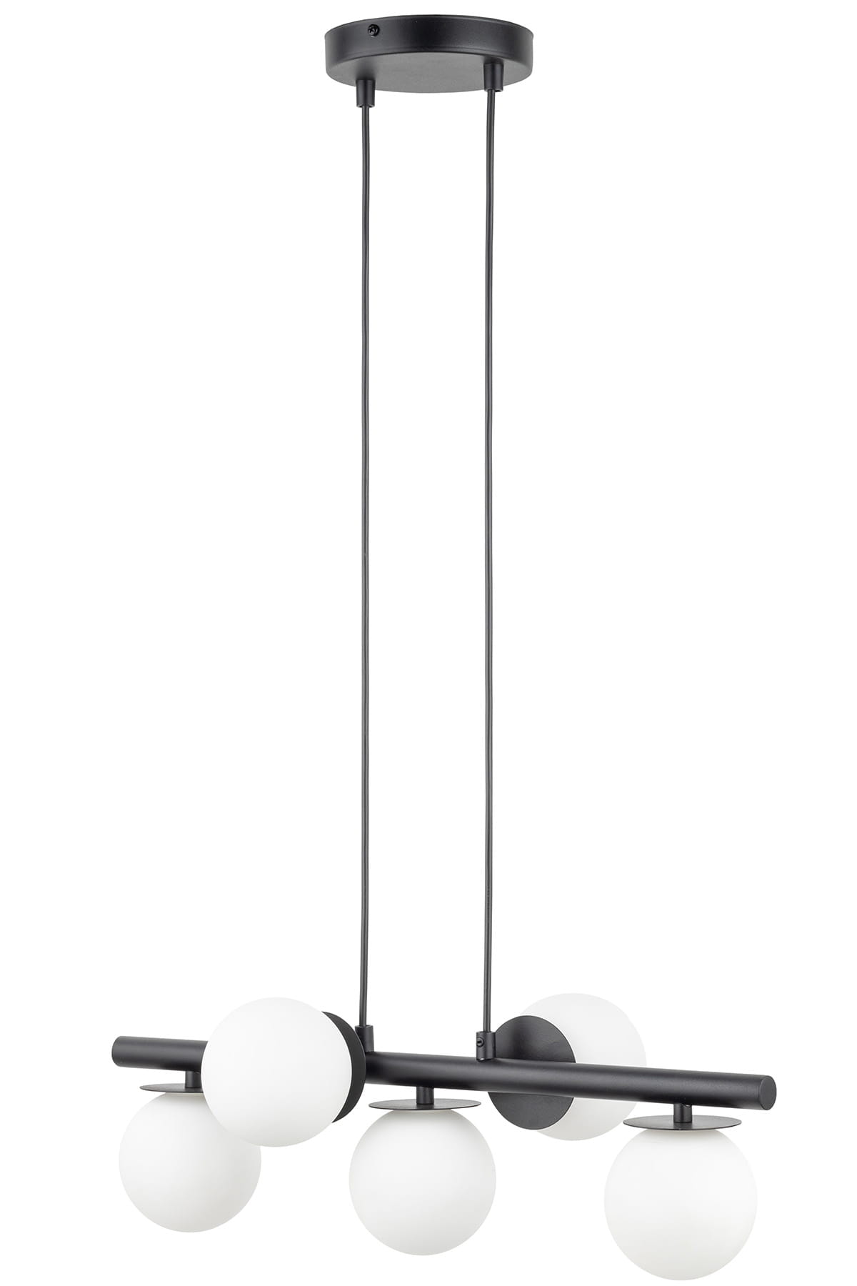 Lampa wisząca Avola 5xG9 w kolorze czarnym i białym. Konstrukcja z czarnym stelażem i pięcioma białymi, okrągłymi kloszami z matowego szkła. Zawieszona na dwóch przewodach, w pozycji wiszącej. Prosta, nowoczesna forma.