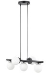 Lampa wisząca Avola 5xG9 w kolorze czarnym i białym. Konstrukcja z czarnym stelażem i pięcioma białymi, okrągłymi kloszami z matowego szkła. Zawieszona na dwóch przewodach, w pozycji wiszącej. Prosta, nowoczesna forma.