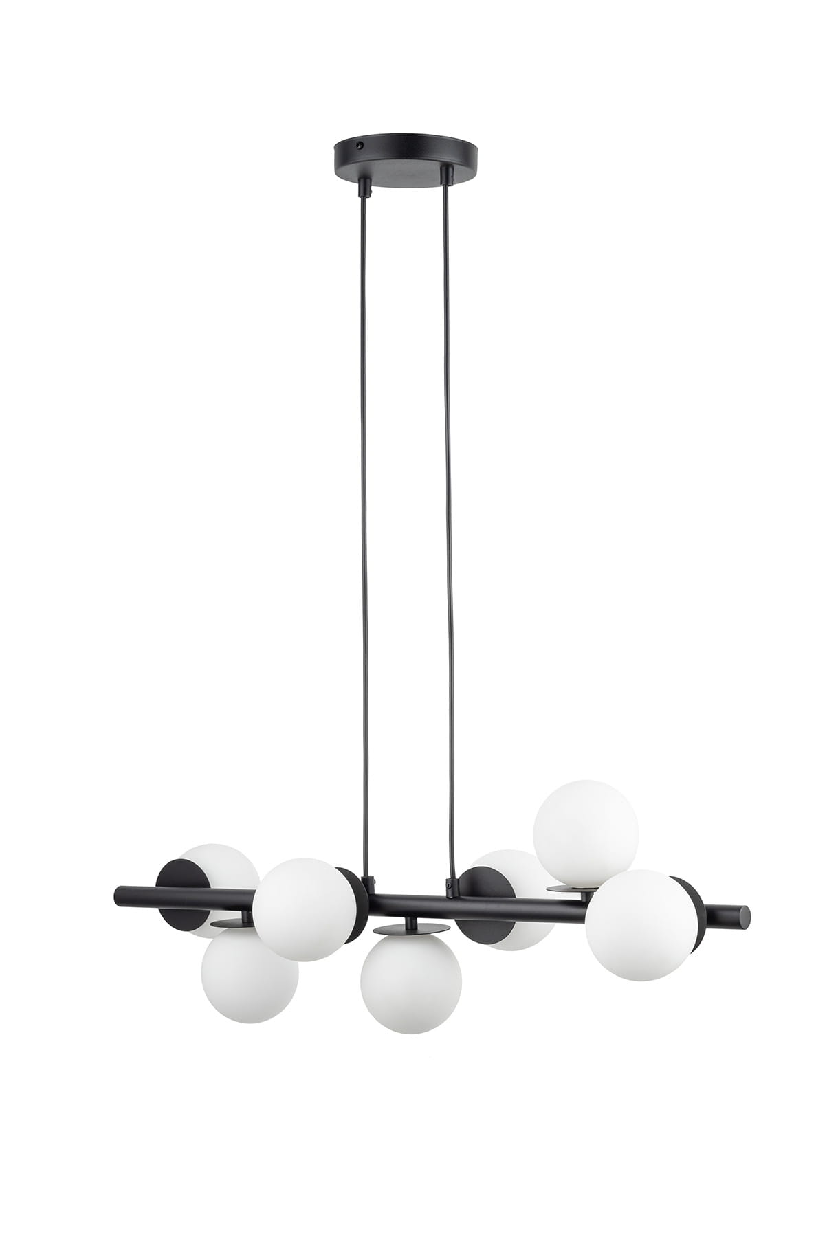 Lampa wisząca Avola z siedmioma oprawami na żarówki G9, w kolorze czarnym i białym. Posiada okrągłe, matowe klosze oraz prostą, geometryczną konstrukcję. Zawieszona na dwóch cienkich linkach, idealna do nowoczesnych wnętrz.