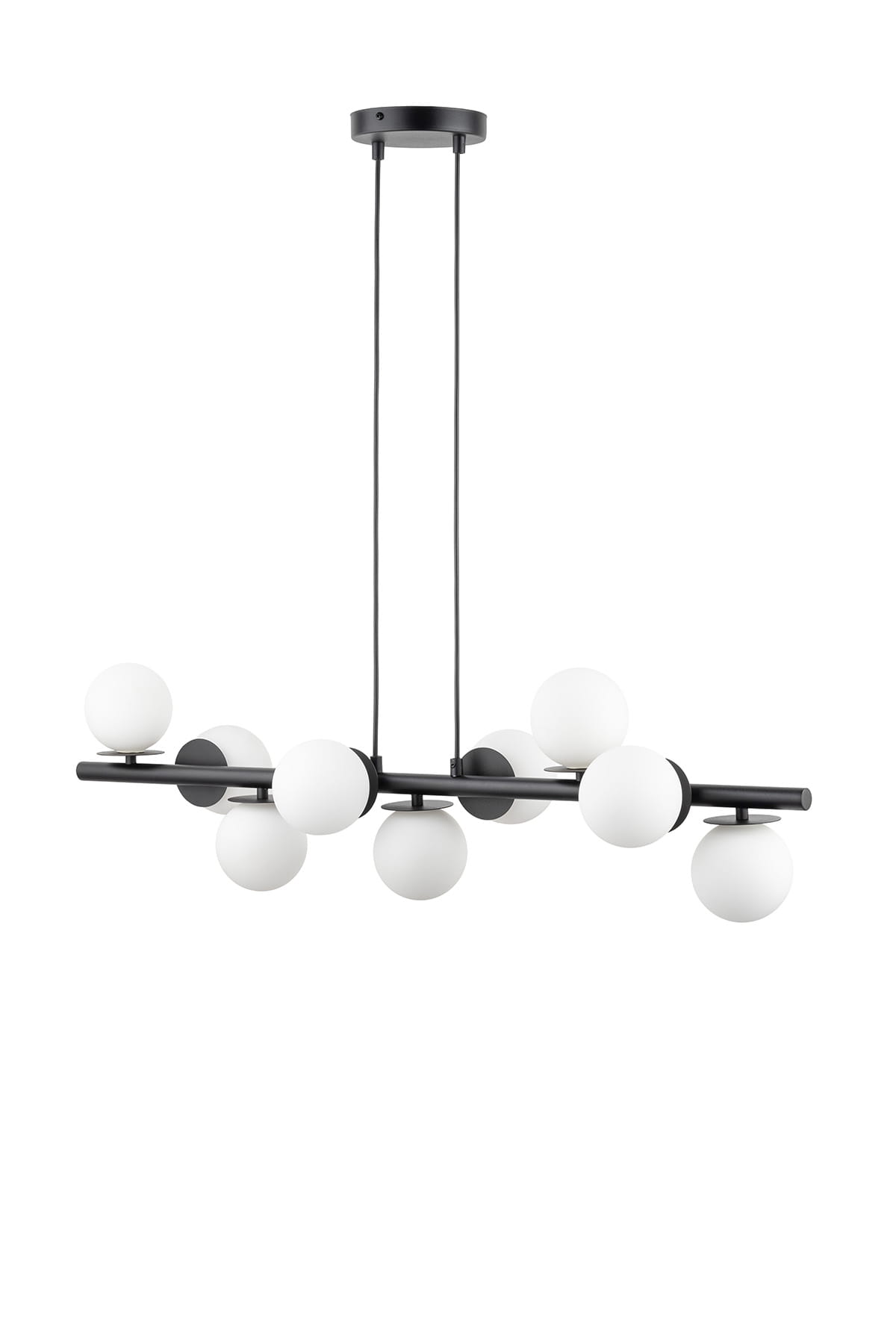 Lampa wisząca Avola z dziewięcioma kulistymi kloszami w kolorze białym, zamocowana na czarnej metalowej konstrukcji. Produkt zawieszony na dwóch cienkich linkach, z okrągłym mocowaniem sufitowym. Wymiary i detale minimalistyczne, nowoczesny design.