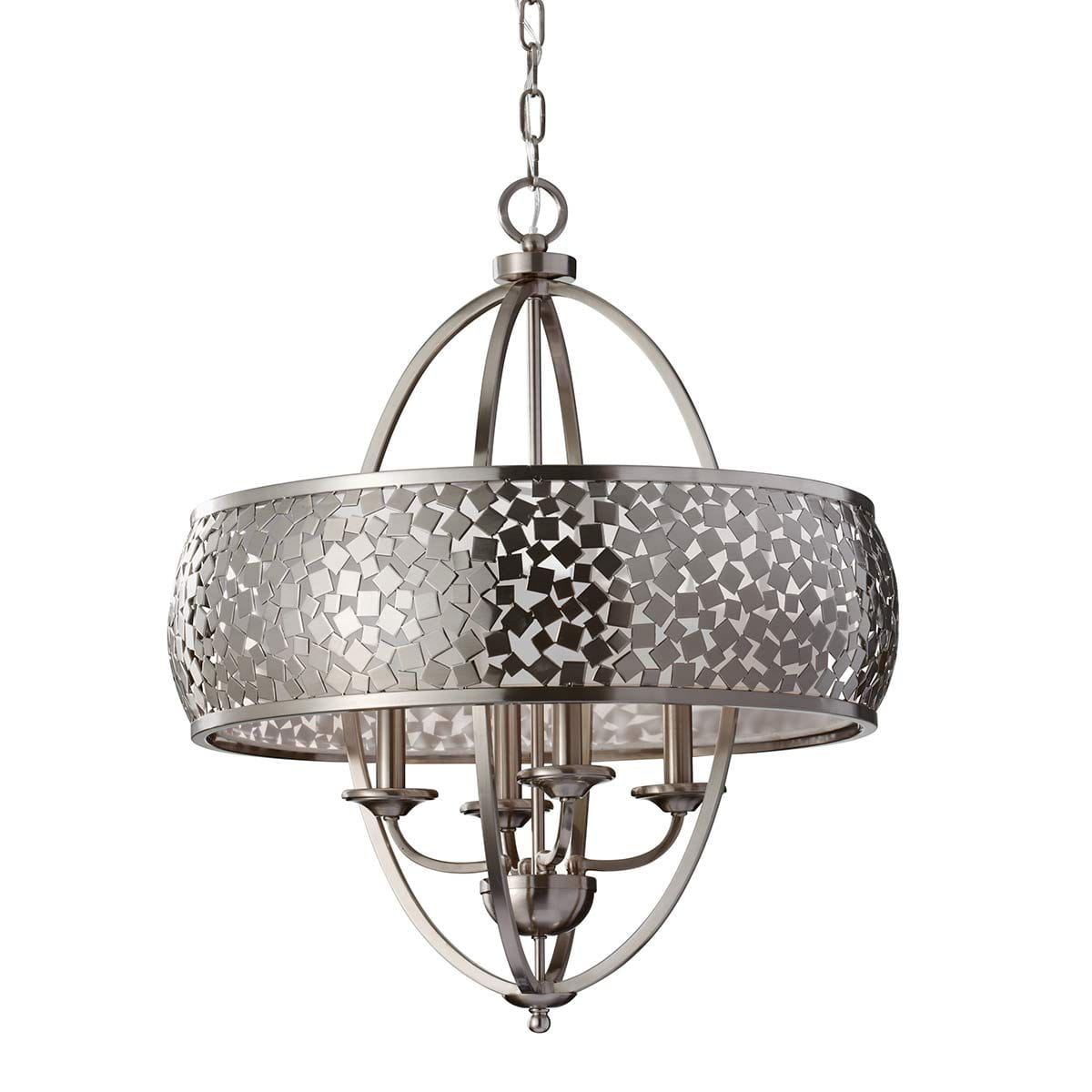 Lampa wisząca Zara 4xE14 w kolorze satynowego niklu. Okrągły klosz z dekoracyjnym, mozaikowym wzorem. Wyposażona w cztery źródła światła. Zawieszona na łańcuchu, z eleganckim, minimalistycznym designem. Idealna do nowoczesnych wnętrz.