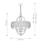 Lampa wisząca Zara o średnicy 61 cm i wysokości 73,2 cm, wykonana z niklowanej stali satynowej. Posiada dekoracyjny klosz z mozaiki, montowana na łańcuchu, regulowana wysokość od 80,7 cm do 233,2 cm. Przeznaczona na cztery żarówki E14.