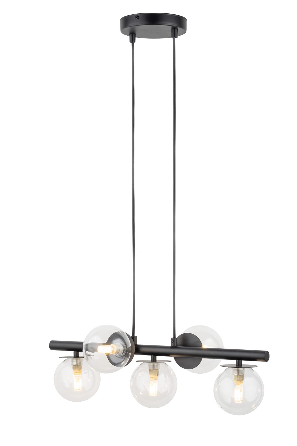 Lampa wisząca Avola z pięcioma źródłami światła G9, w kolorze czarnym z transparentnymi kloszami. Konstrukcja z metalowego pręta w formie poziomej, zawieszona na dwóch kablach. Klosze w kształcie kul, umieszczone na równych odstępach.