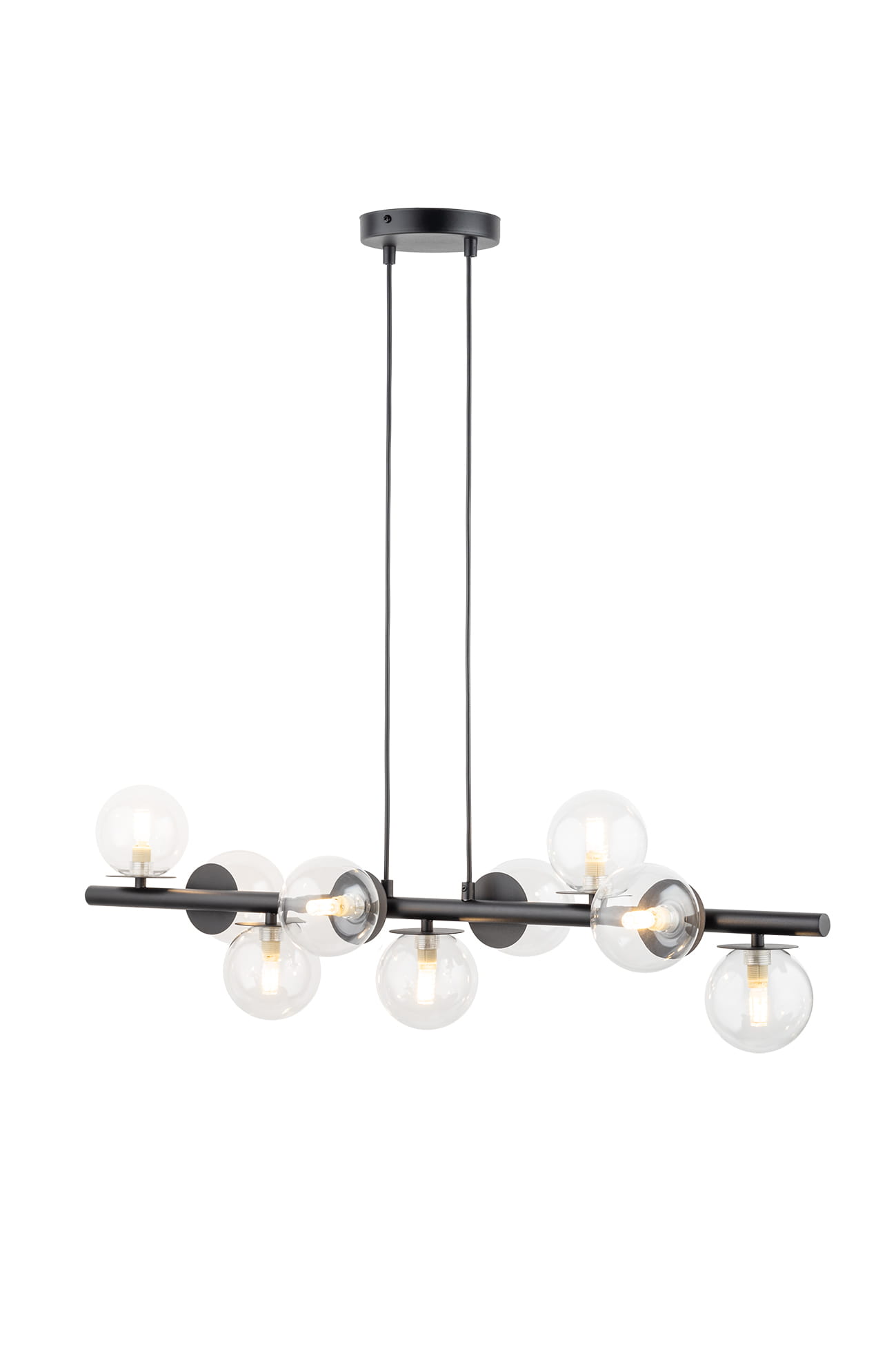 Lampa wisząca Avola z dziewięcioma punktami świetlnymi G9, z czarną metalową konstrukcją i transparentnymi kloszami. Ujęcie z boku, zawieszona na dwóch przewodach, z widocznymi żarówkami w szklanych kulach.