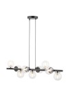Lampa wisząca Avola z dziewięcioma punktami świetlnymi G9, z czarną metalową konstrukcją i transparentnymi kloszami. Ujęcie z boku, zawieszona na dwóch przewodach, z widocznymi żarówkami w szklanych kulach.
