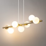 Lampa wisząca Avola 7xG9 w złotym wykończeniu z białymi, okrągłymi kloszami. Produkt zawieszony na dwóch białych linkach, z prostokątną metalową rurką, widoczne źródła światła w formie kul. Idealna do nowoczesnych wnętrz.