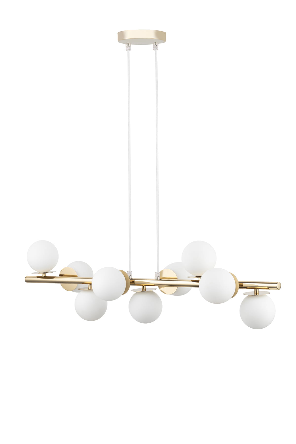 Lampa wisząca Avola z dziewięcioma oprawami G9, z białymi, kulistymi kloszami i złotą metalową konstrukcją. Produkt zawieszony na dwóch białych linkach, w nowoczesnym stylu, idealny do nowoczesnych wnętrz.