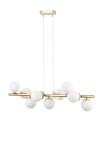 Lampa wisząca Avola z dziewięcioma oprawami G9, z białymi, kulistymi kloszami i złotą metalową konstrukcją. Produkt zawieszony na dwóch białych linkach, w nowoczesnym stylu, idealny do nowoczesnych wnętrz.