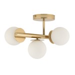 Lampa sufitowa Avola z trzema oprawami G9, w kolorze złotym i białym. Posiada okrągłe, matowe klosze oraz metalową konstrukcję. Ujęcie z boku, prezentujące elegancki design i nowoczesny kształt. Idealna do wnętrz.