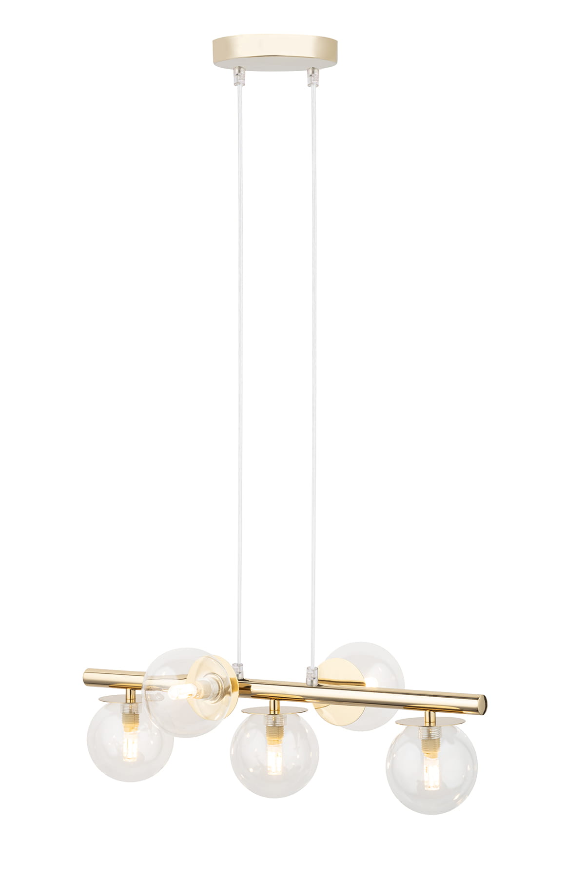 Lampa wisząca Avola z pięcioma źródłami światła G9. Złota metalowa konstrukcja z przezroczystymi kulistymi kloszami. Produkt zawieszony na dwóch linkach, montowany sufitowo, w minimalistycznym stylu.