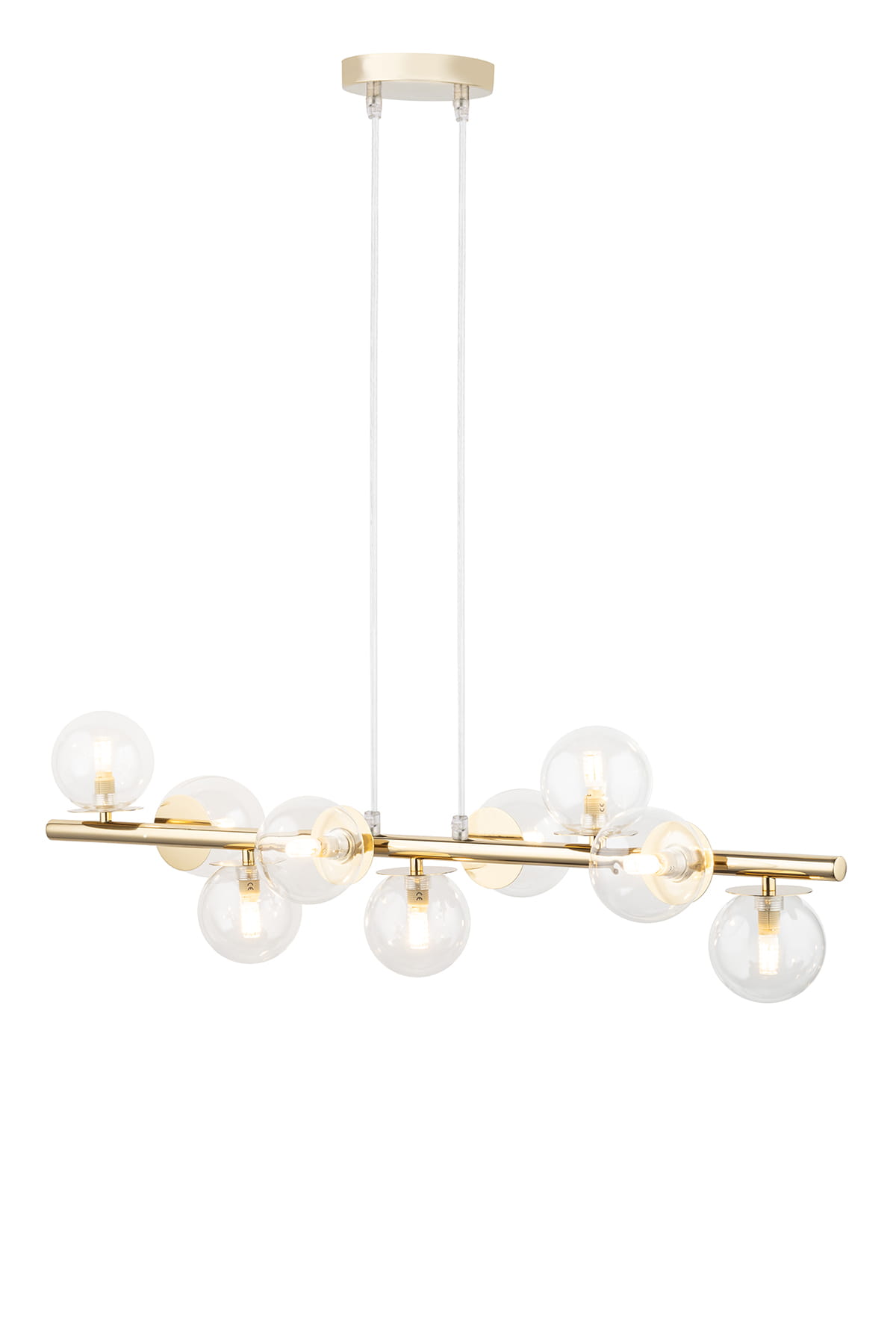 Lampa wisząca Avola z dziewięcioma oprawami G9, w złotym wykończeniu z transparentnymi kloszami. Ujęcie frontalne, zawieszona na dwóch linkach, z metalową podstawą. Klosze mają kulisty kształt, nadając nowoczesny wygląd. Tło białe, minimalne.