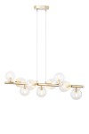 Lampa wisząca Avola z dziewięcioma oprawami G9, w złotym wykończeniu z transparentnymi kloszami. Ujęcie frontalne, zawieszona na dwóch linkach, z metalową podstawą. Klosze mają kulisty kształt, nadając nowoczesny wygląd. Tło białe, minimalne.