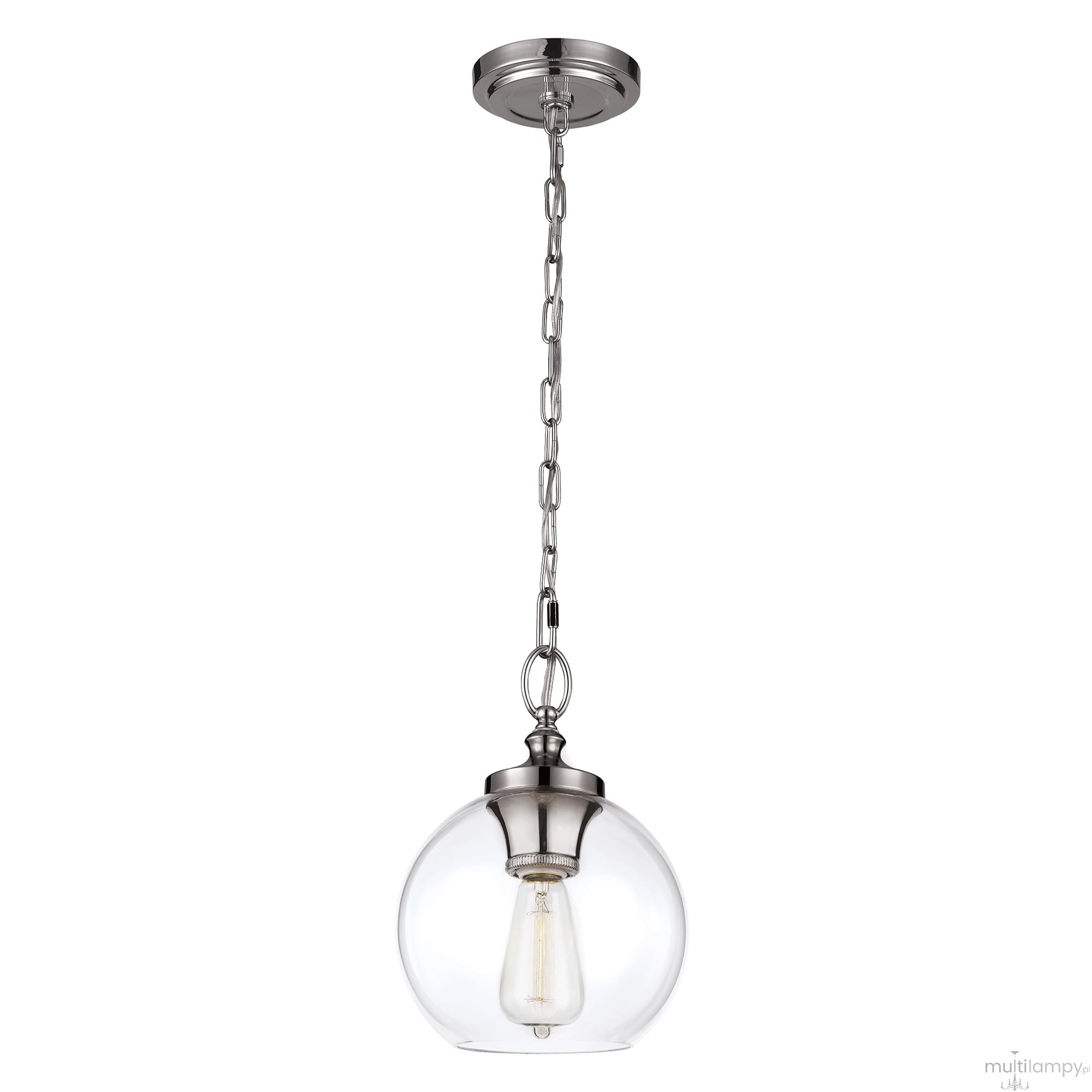 Lampa wisząca Tabby 1xE27 w satynowym niklu, zawieszona na łańcuchu. Szklany klosz w kształcie kuli, z widoczną żarówką, tworzy minimalistyczny design. Ujęcie z boku, na jednolitym tle.
