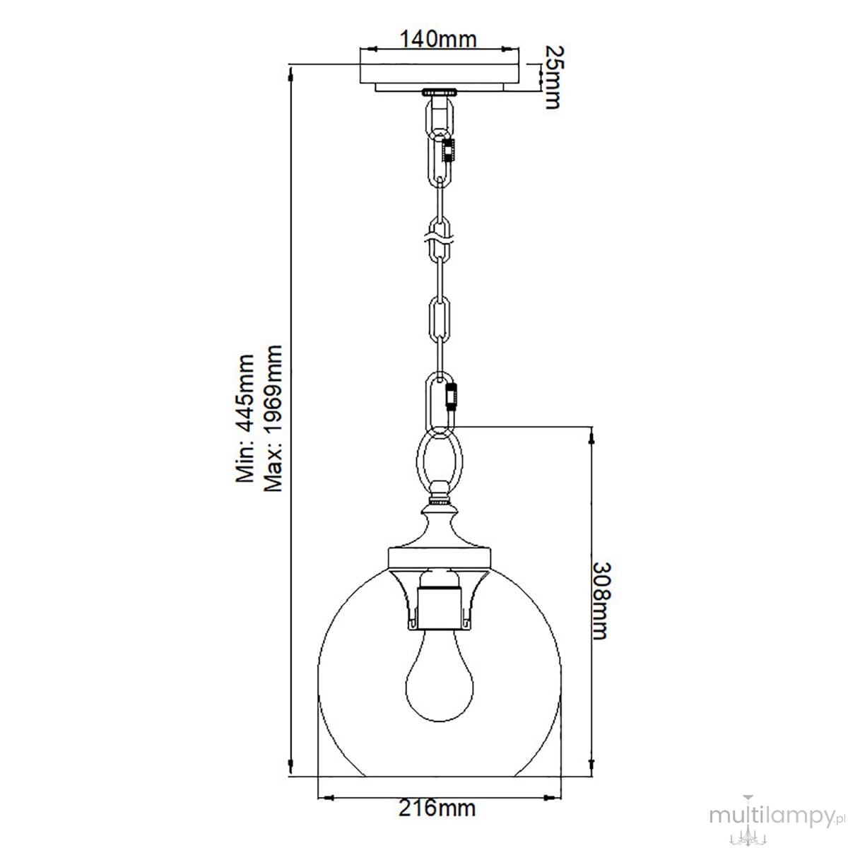 Lampa wisząca Tabby 1xE27 w kolorze mosiądzu. Kształt okrągły, średnica 216 mm, wysokość regulowana od 445 mm do 1969 mm. Zawieszona na łańcuchu, z miejscem na żarówkę. Prosta konstrukcja, idealna do nowoczesnych wnętrz.