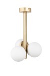 Lampa wisząca Perla Lux z trzema źródłami światła G9, z metalowym, złotym stelażem i trzema białymi, szklanymi kulami. Ujęcie frontalne, produkt zawieszony na suficie, minimalistyczny design, idealny do nowoczesnych wnętrz.