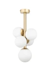 Lampa wisząca Perla Lux w kolorze złotym i białym, z pięcioma kulistymi kloszami z mlecznego szkła. Ujęcie frontalne, produkt zamontowany na suficie, z centralną metalową osią. Elegancki design, idealny do nowoczesnych wnętrz.