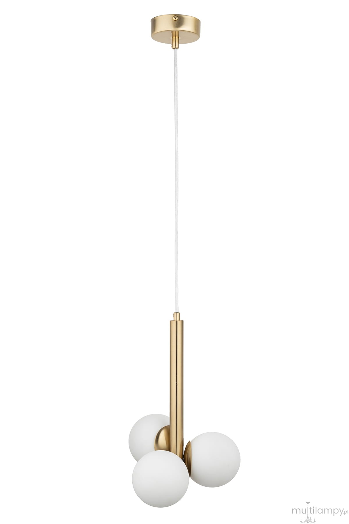 Lampa wisząca Perla Lux 3xG9 w kolorze złotym i białym. Posiada trzy białe, okrągłe klosze zawieszone na złotej, prostokątnej podstawie. Ujęcie frontalne, wisząca konstrukcja z długim przewodem, na jednolitym tle.