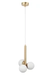 Lampa wisząca Perla Lux 3xG9 w kolorze złotym i białym. Posiada trzy białe, okrągłe klosze zawieszone na złotej, prostokątnej podstawie. Ujęcie frontalne, wisząca konstrukcja z długim przewodem, na jednolitym tle.