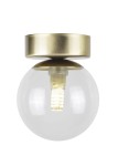 Lampa sufitowa Perla Lux 1xG9 w kolorze złotym z transparentnym kloszem. Posiada okrągłą, szklaną kulę oraz metalowy, matowy strop. Ujęcie frontalne, pokazujące szczegóły mocowania i źródła światła wewnątrz klosza.